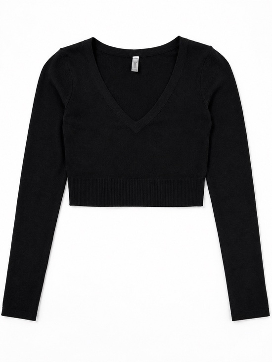 Zenana Outfitters Tops - Zenana Black V Neck Cropped Long Sleeve Top Stretchy L/XL NWOT